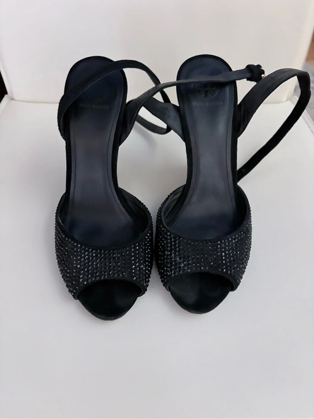 Tory Burch Black Crystal-Studded Open-Toe Ankle Strap Heels